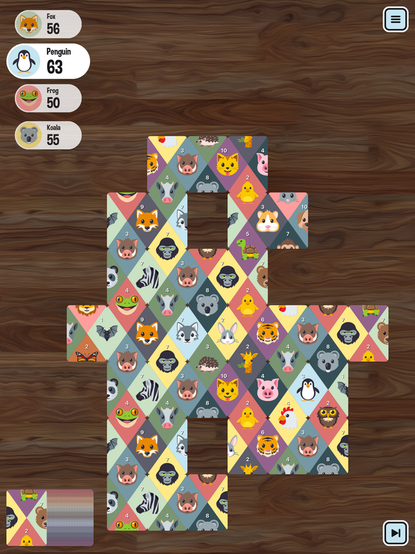 Matchimals on iPad: a four-player game mid-way, with Fox, Penguin, Frog and Koala's scores